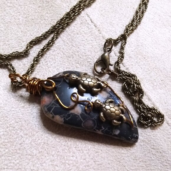 Handmade Turtle Pendant | Unique Plum Jasper Stone | Coastal Grandma |Sea Turtle - Picture 2 of 13